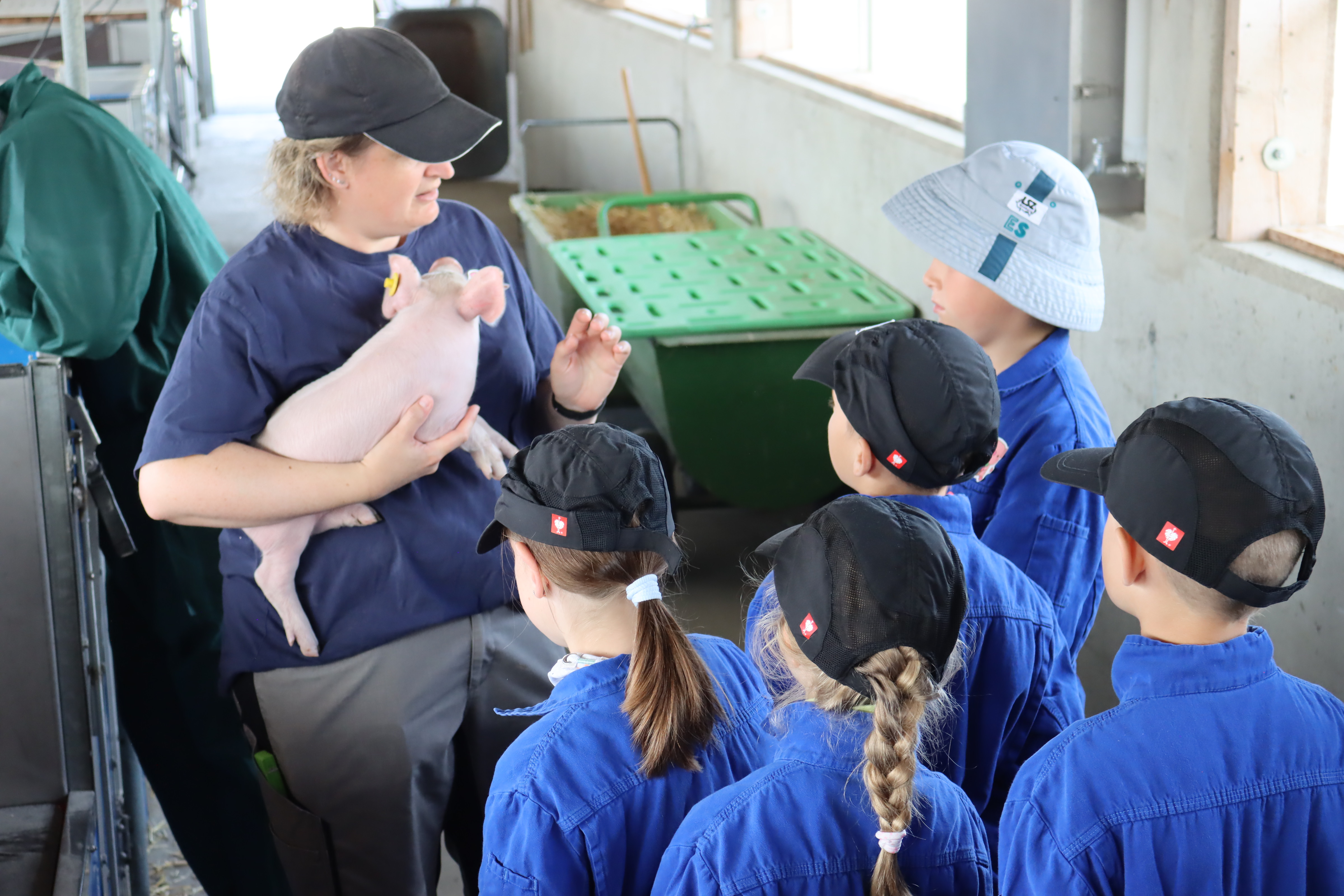Das Bild zeigt eine Mitarbeiterin der LSZ, die ein Ferkel hält und Kinder, die um sie herumstehen
